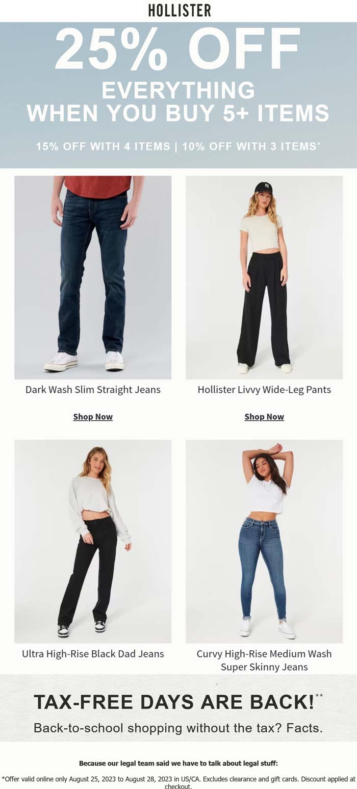 Hollister stores Coupon  10-25% off 3+ items online at Hollister #hollister 