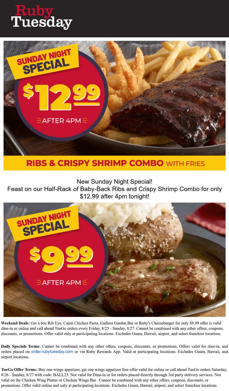 Ruby Tuesday restaurants Coupon  Ribs + shrimp + fries = $13 today at Ruby Tuesday, also $10 steak & potato #rubytuesday 