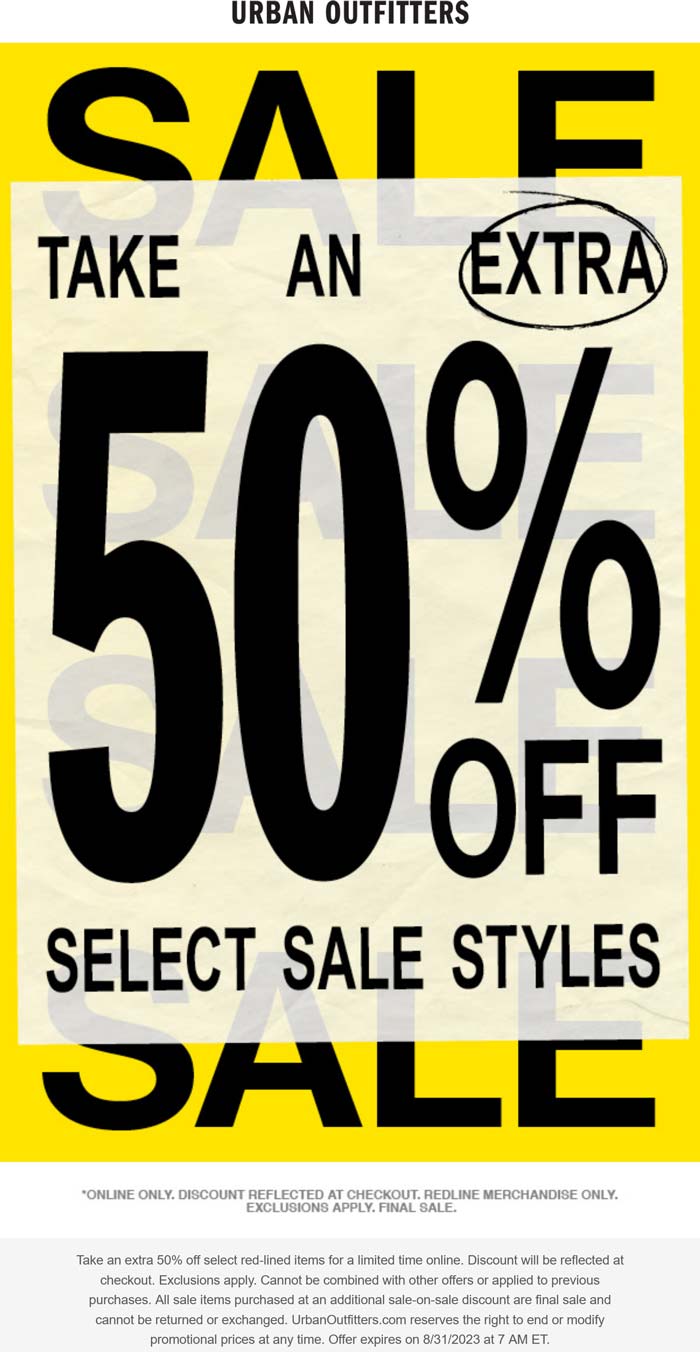 Urban Outfitters stores Coupon  Extra 50% off sale items online at Urban Outfitters #urbanoutfitters 
