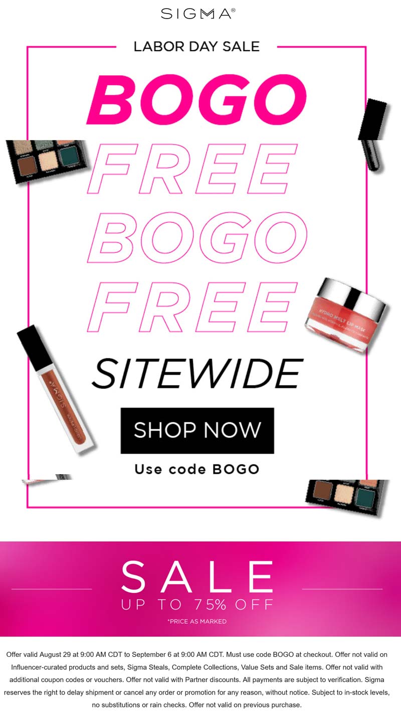 Sigma stores Coupon  Second item free on everything at Sigma beauty via promo code BOGO #sigma 