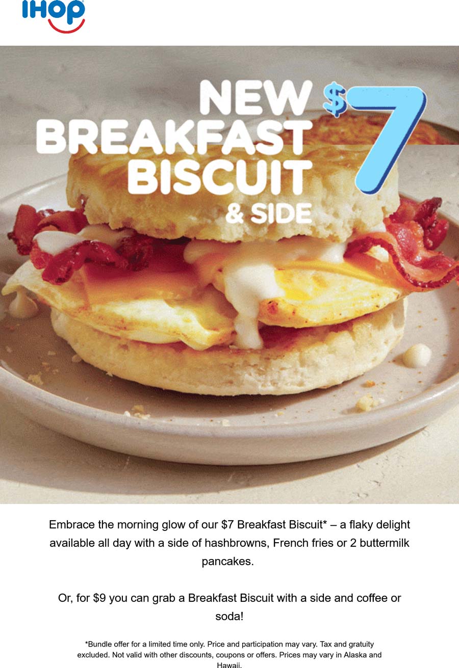 IHOP restaurants Coupon  Breakfast biscuit + 2 buttermilk pancakes = $7 at IHOP #ihop 