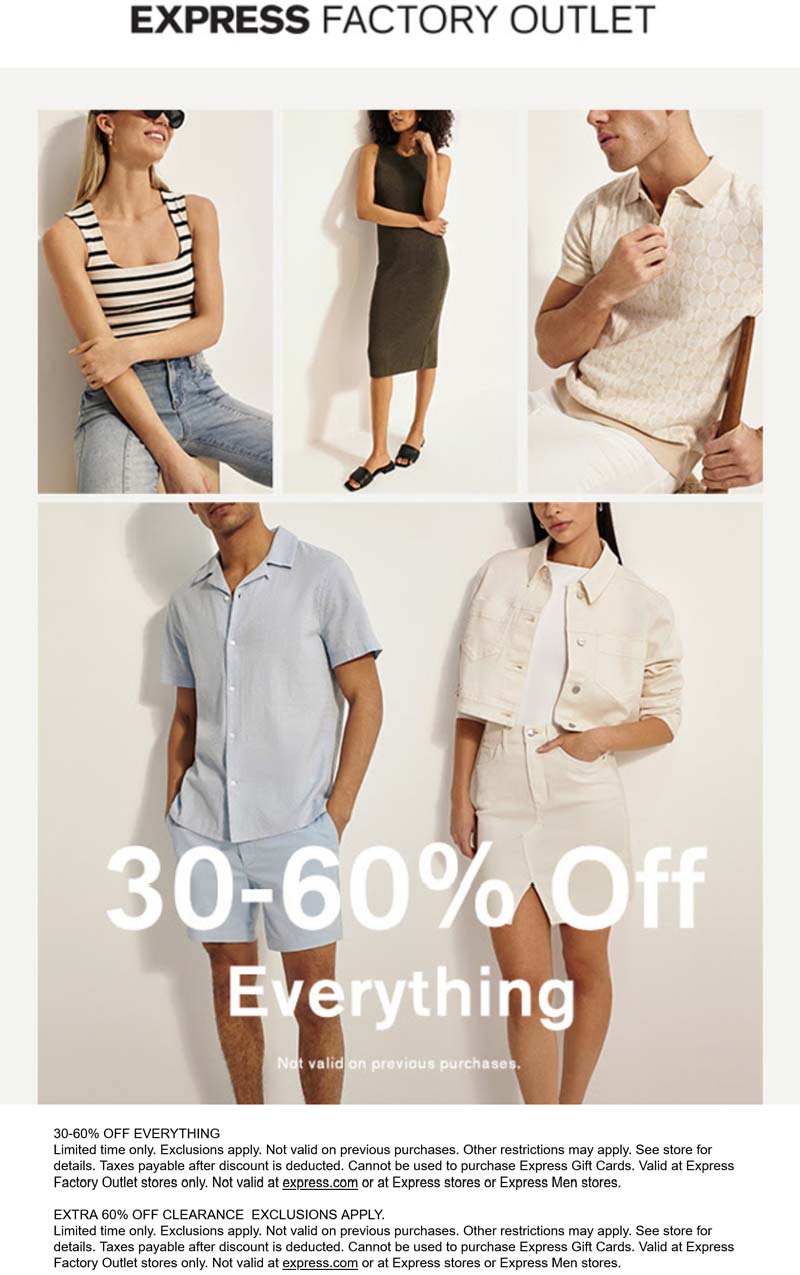 Express Factory Outlet stores Coupon  30-60% off everything at Express Factory Outlet #expressfactoryoutlet 