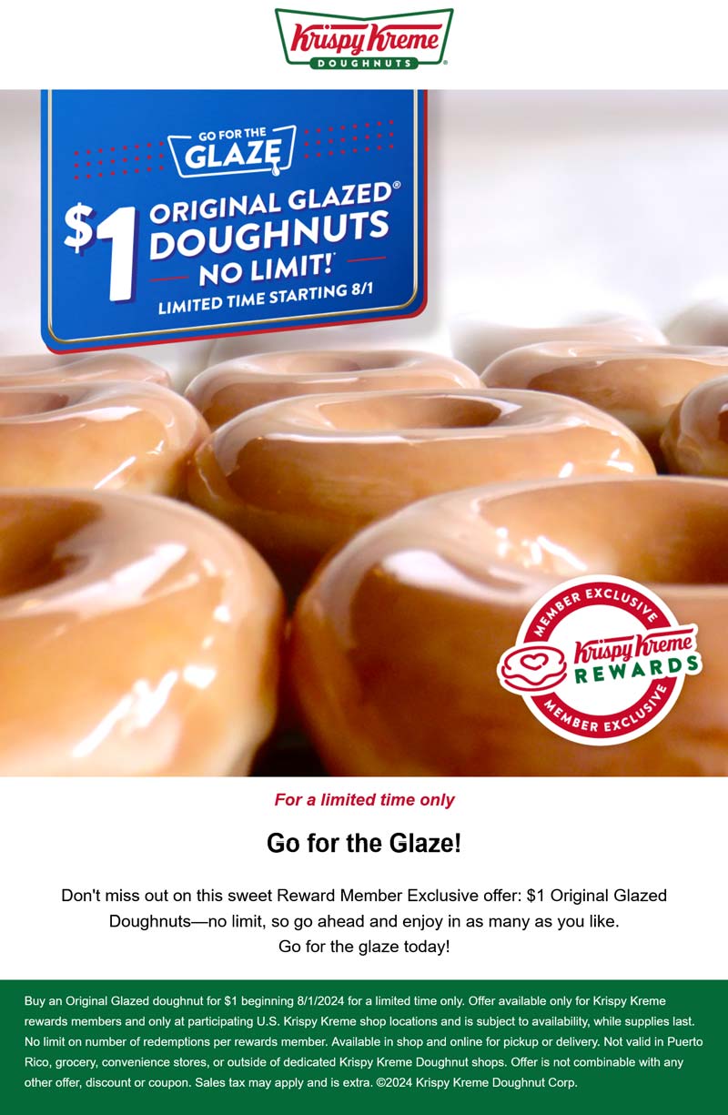 Krispy Kreme restaurants Coupon  $1 glazed doughnuts at Krispy Kreme #krispykreme 