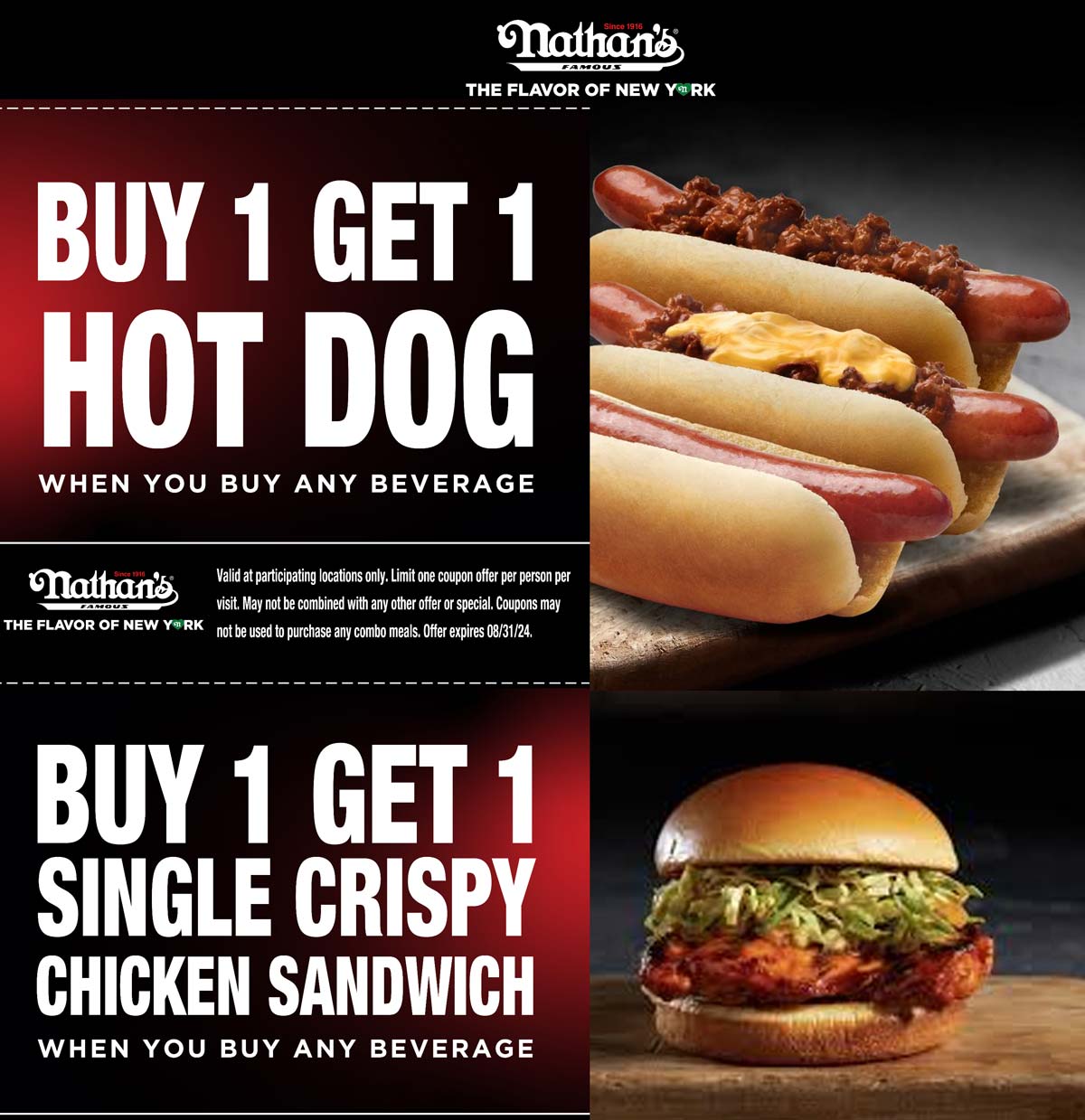 Nathans Famous restaurants Coupon  Second hot dog or chicken sandwich free at Nathans Famous #nathansfamous 