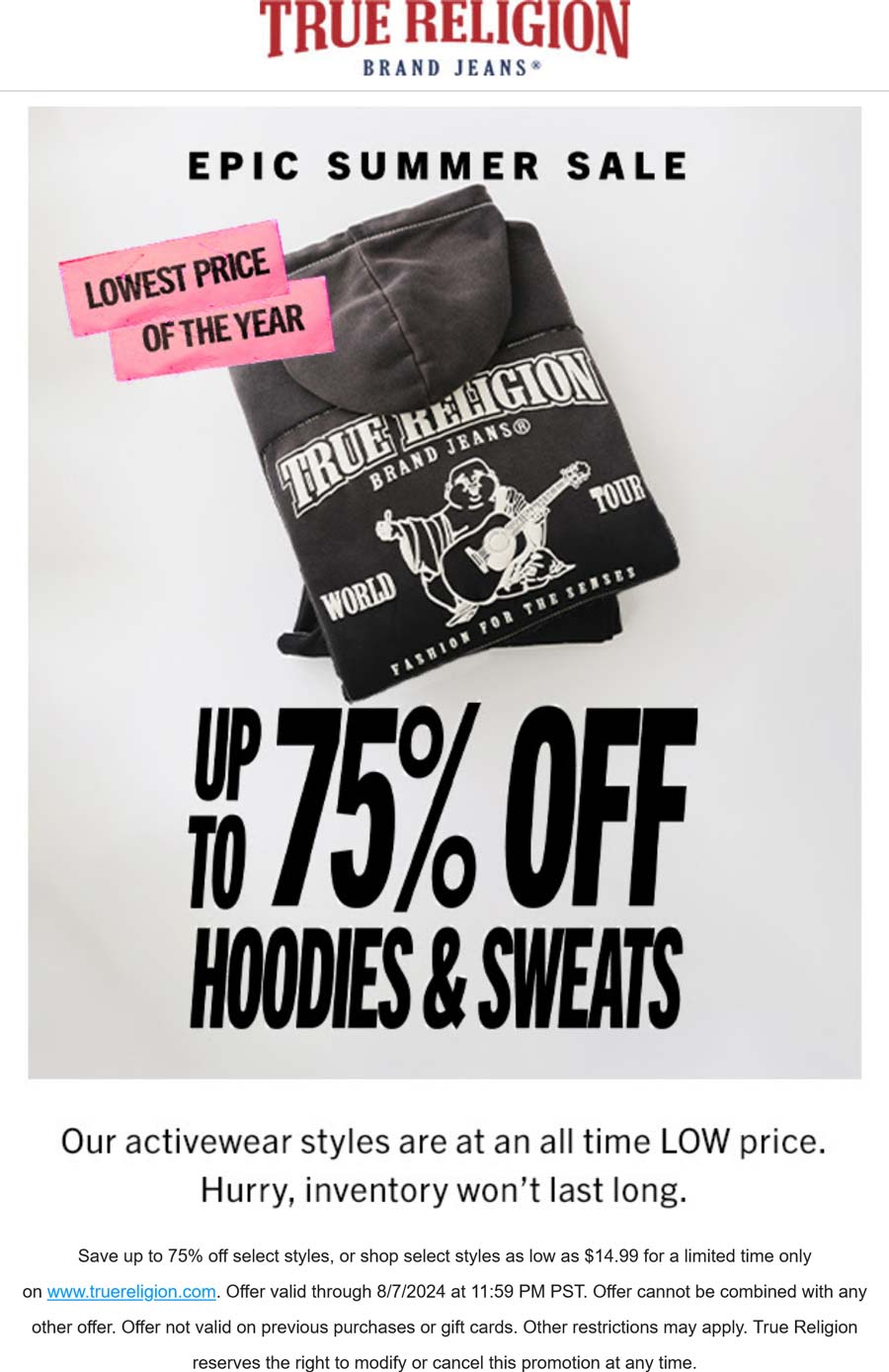 True Religion stores Coupon  Hoodies are 75% off at True Religion #truereligion 