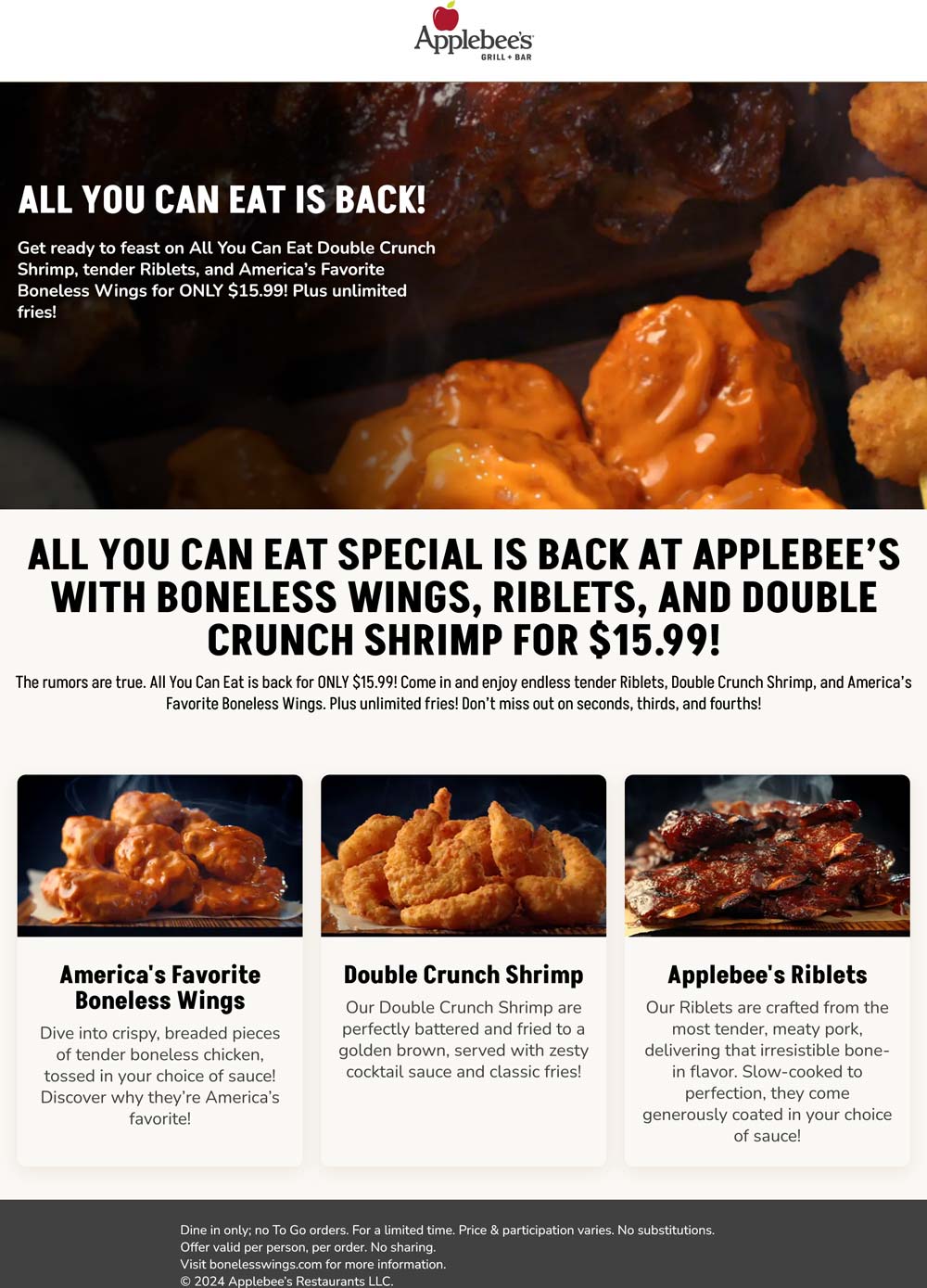 Applebees restaurants Coupon  Bottomless wings, riblets and shrimp = $16 at Applebees restaurants #applebees 