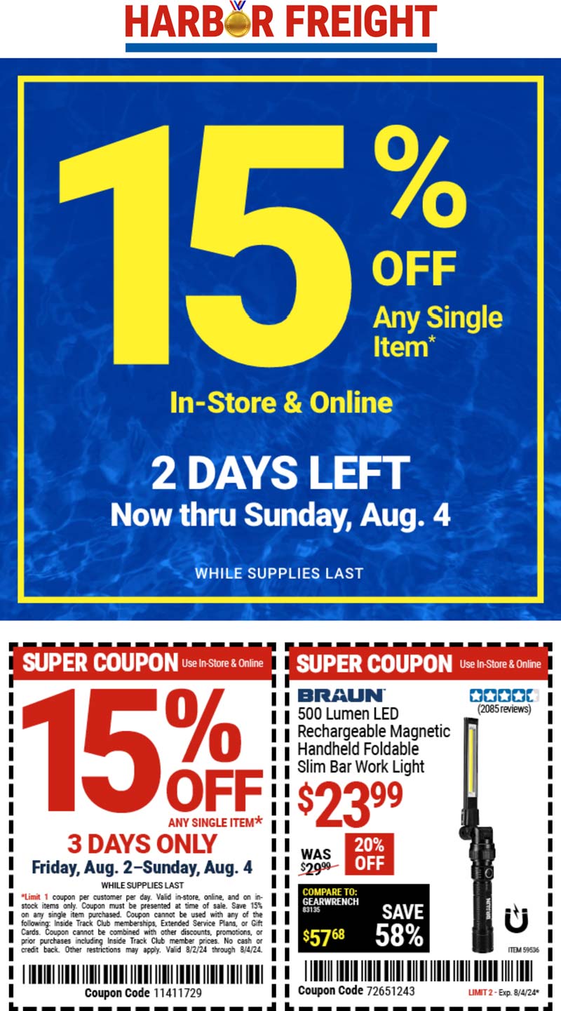 Harbor Freight stores Coupon  15% off a single item at Harbor Freight, or online via promo code 11411729 #harborfreight 