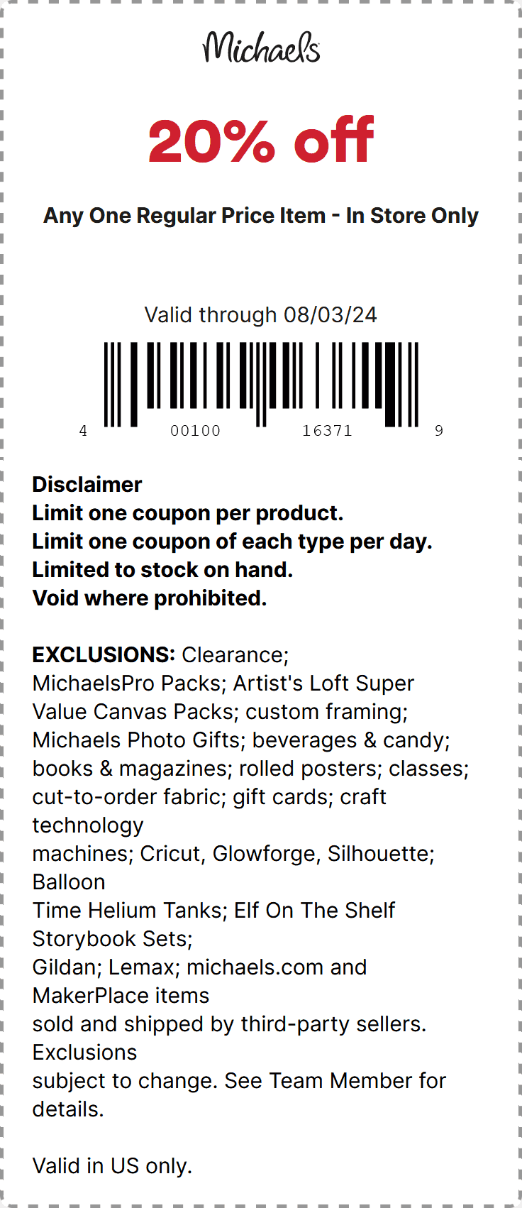 Michaels stores Coupon  20% off a single item today at Michaels #michaels 