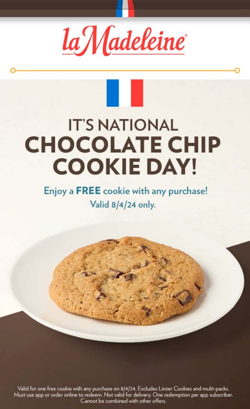 la Madeleine restaurants Coupon  Free cookie with any order today at la Madeleine #lamadeleine 