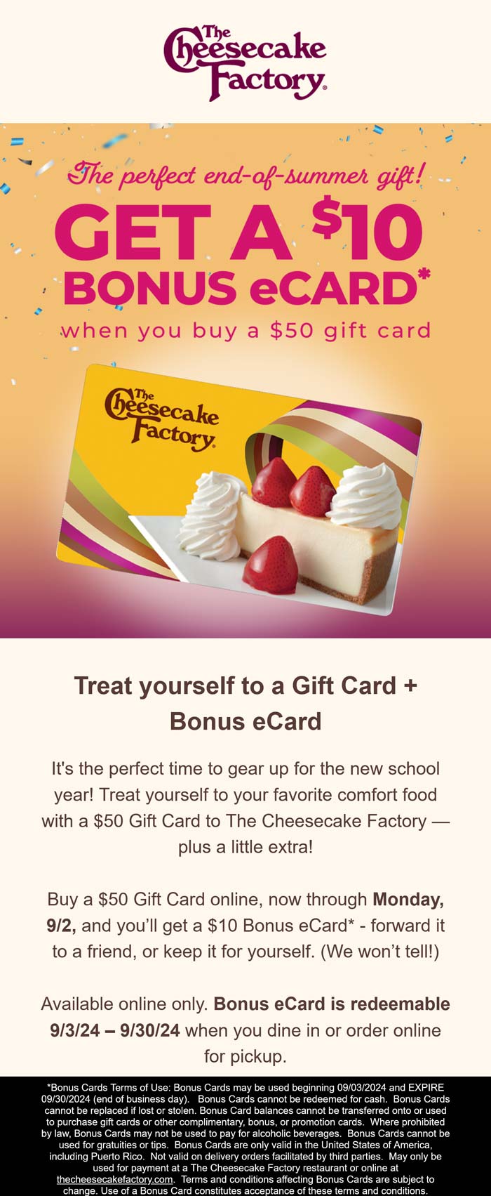 The Cheesecake Factory restaurants Coupon  $10 card free with your $50 card at The Cheesecake Factory restaurants #thecheesecakefactory 