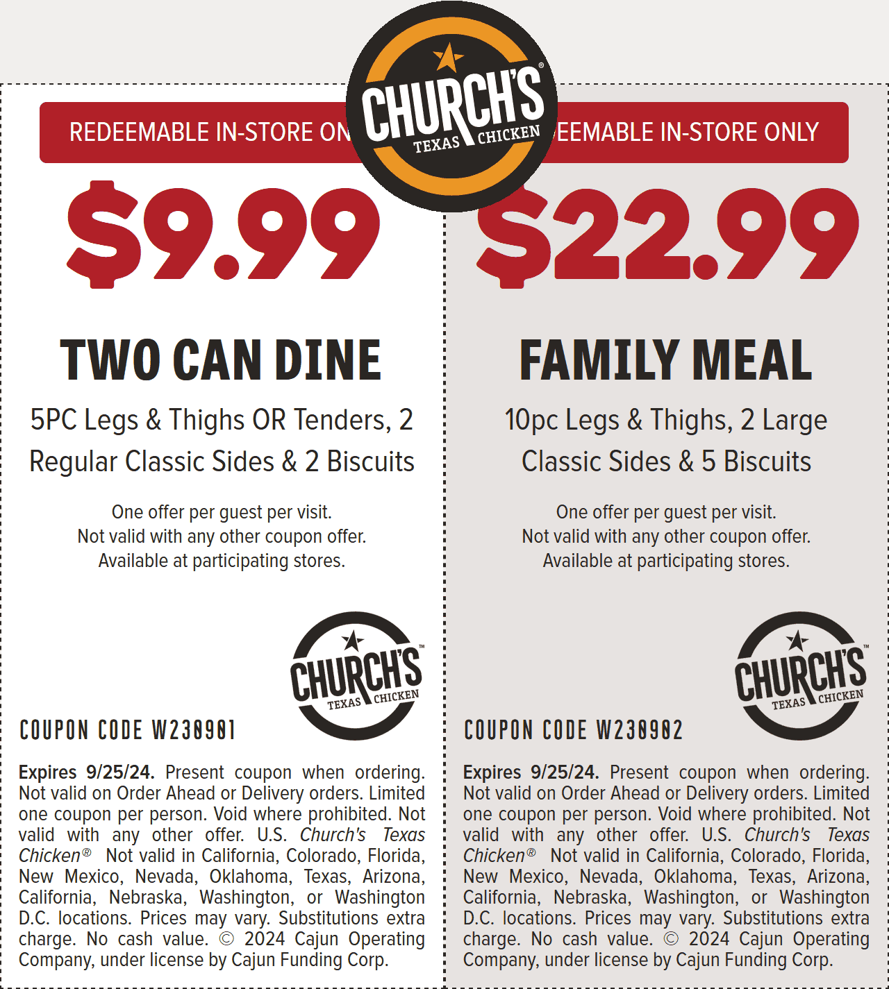 Churchs Chicken restaurants Coupon  5pc + 2 sides + 2 biscuits = $10 at Churchs Chicken #churchschicken 