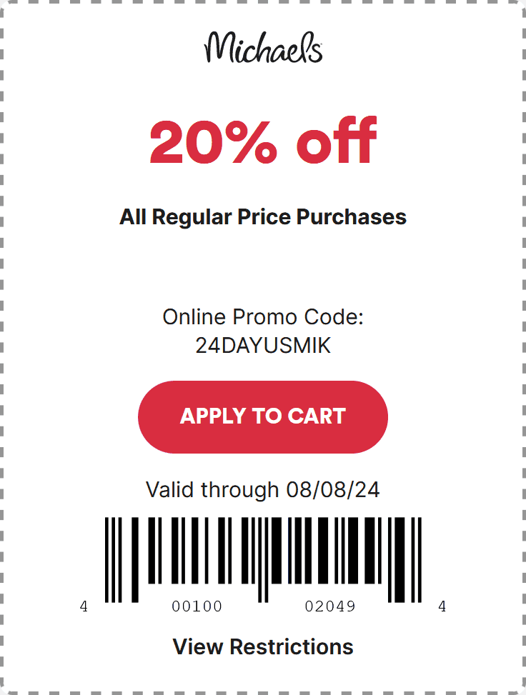 Michaels stores Coupon  20% off at Michaels, or online via promo code 24DAYUSMIK #michaels 