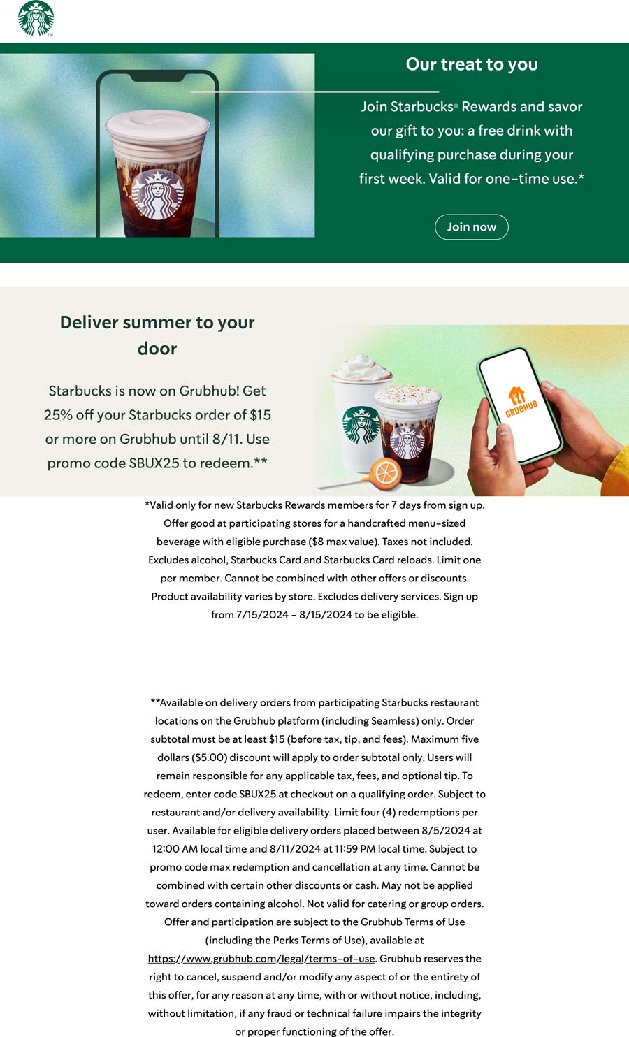 Starbucks restaurants Coupon  25% off $15+ via delivery at Starbucks coffee via promo code SBUX25 #starbucks 