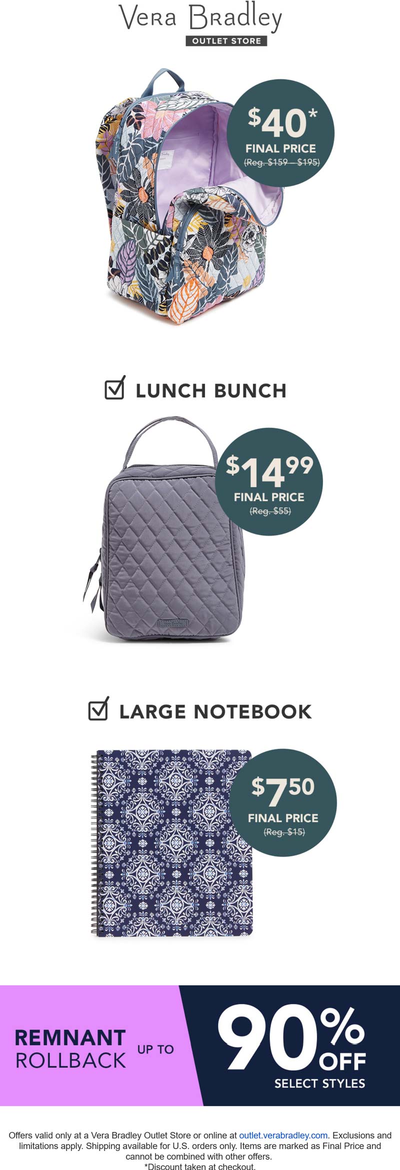 Vera Bradley Outlet stores Coupon  $40 backpacks & more at Vera Bradley Outlet #verabradleyoutlet 