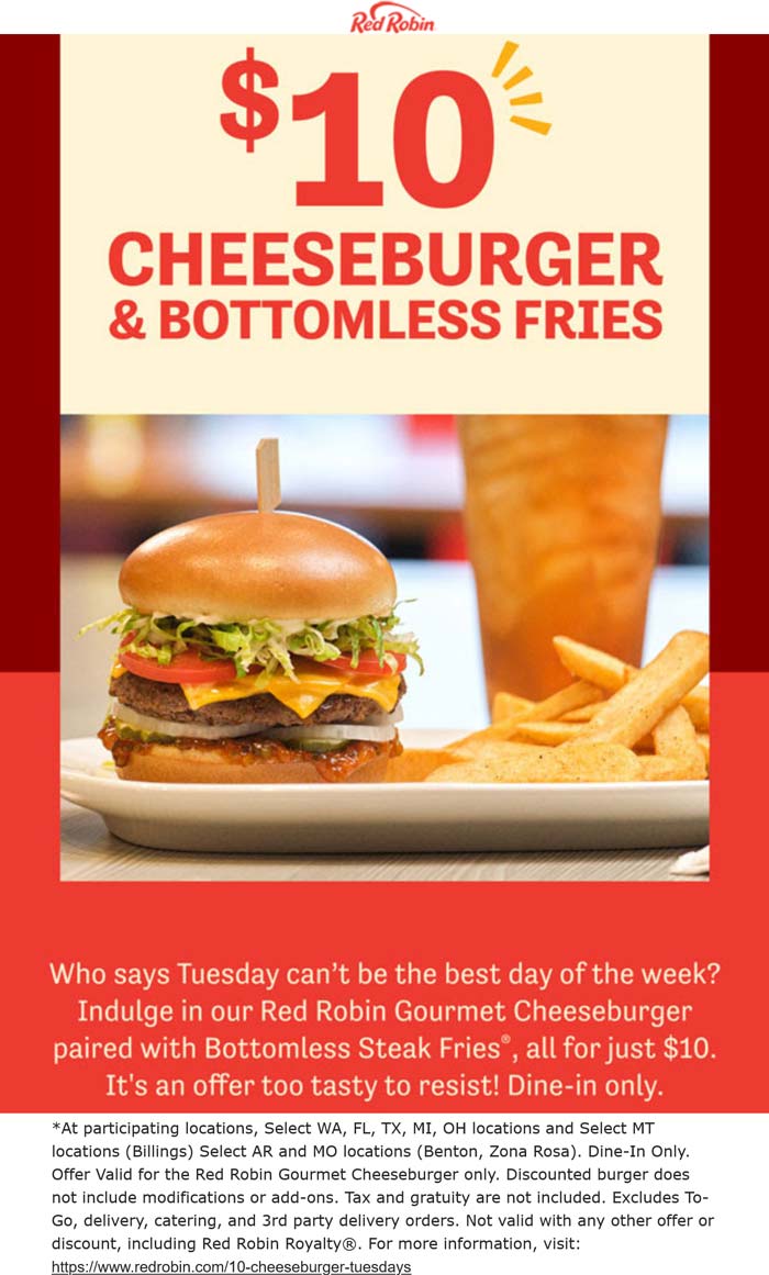 Red Robin restaurants Coupon  Cheeseburger + bottomless fries = $10 today at Red Robin #redrobin 