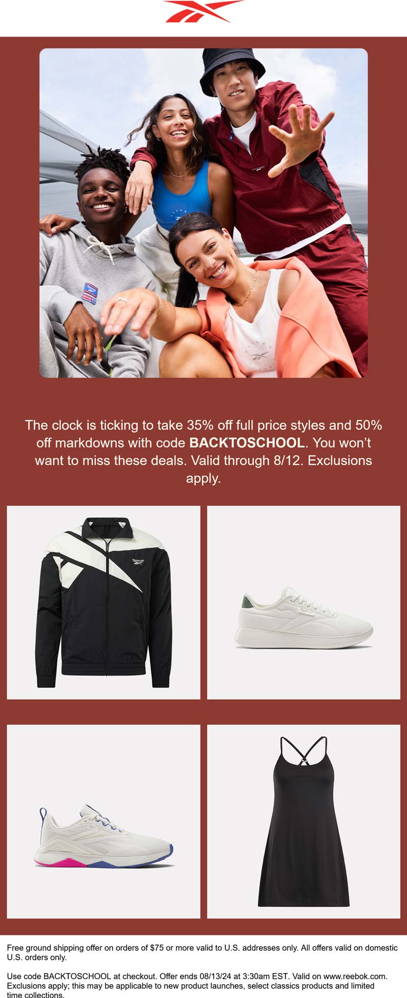 Reebok stores Coupon  35% off regular & 50% off sale items at Reebok, or online via promo code BACKTOSCHOOL #reebok 