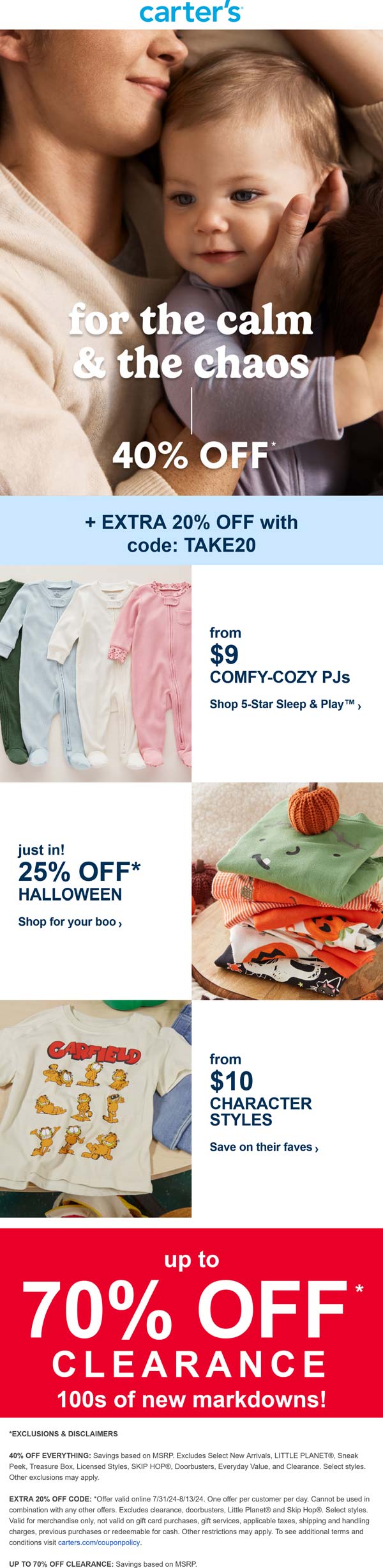 Carters stores Coupon  60% off everything at Carters via promo code TAKE20 #carters 