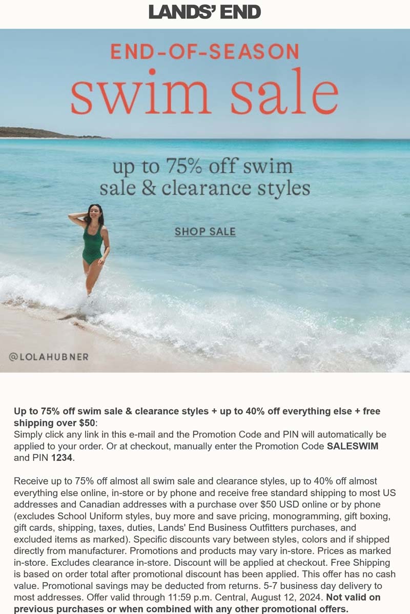 Lands End stores Coupon  75% off swim clearance going on at Lands End via promo code SALESWIM and pin 1234 #landsend 