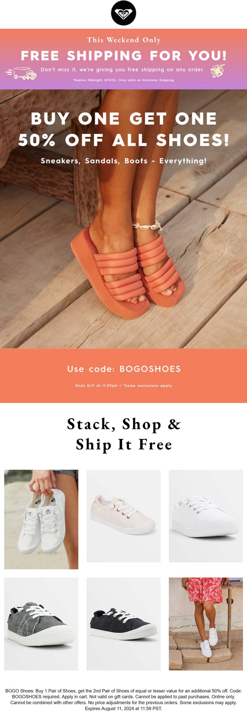 Roxy stores Coupon  Second pair 50% off at Roxy via promo code BOGOSHOES #roxy 