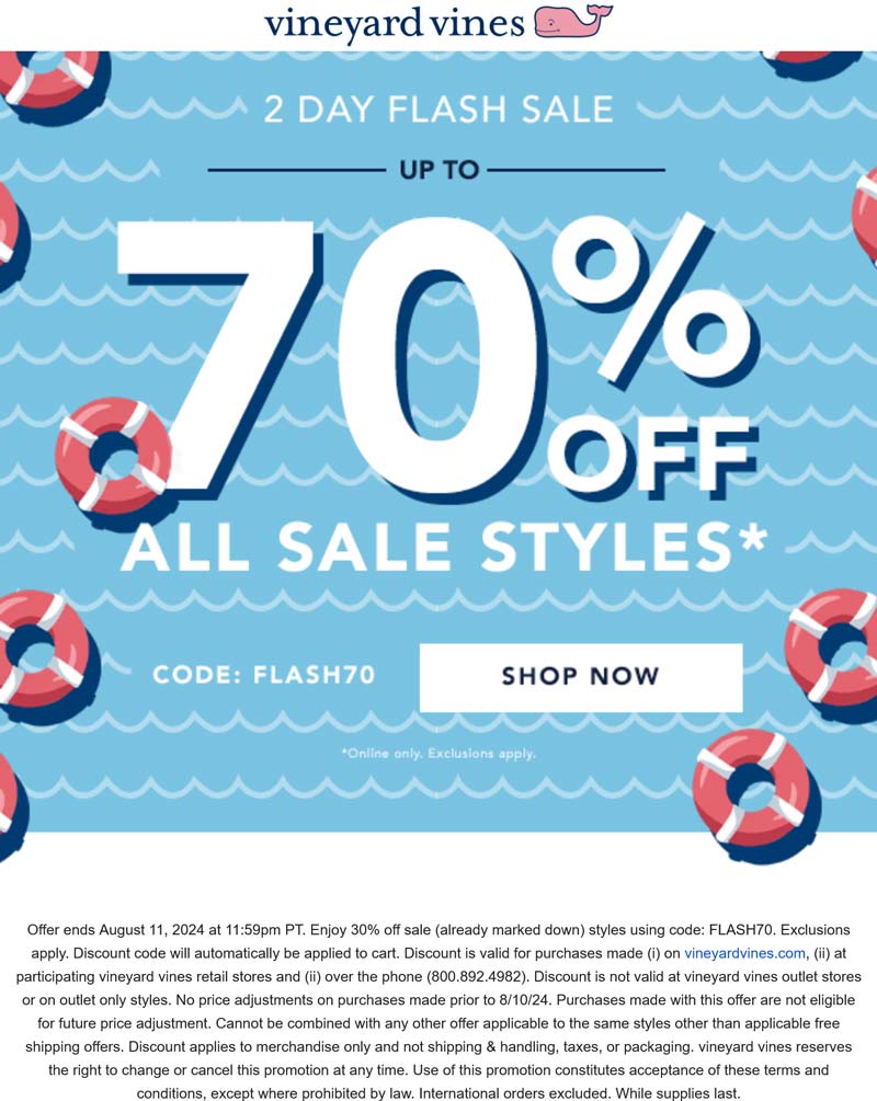 Vineyard Vines stores Coupon  Extra 30% off sale items at Vineyard Vines via promo code FLASH70 #vineyardvines 