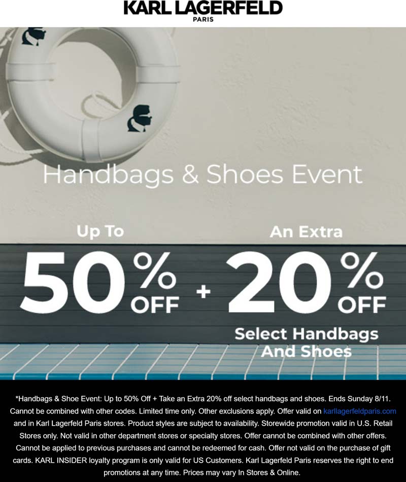 Karl Lagerfeld stores Coupon  Extra 20% off handbags & shoes today at Karl Lagerfeld, ditto online #karllagerfeld 