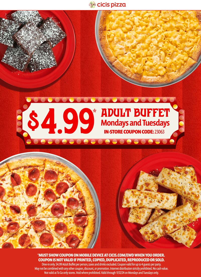 Cicis restaurants Coupon  Bottomless pizza buffet = $5 Mon & Tues at Cicis #cicis 