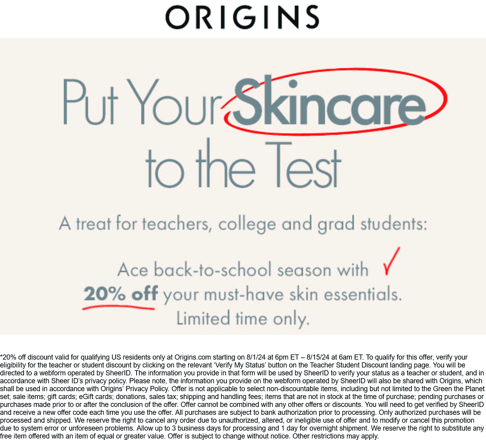 Origins stores Coupon  Teachers & students enjoy 20% off skincare at Origins #origins 