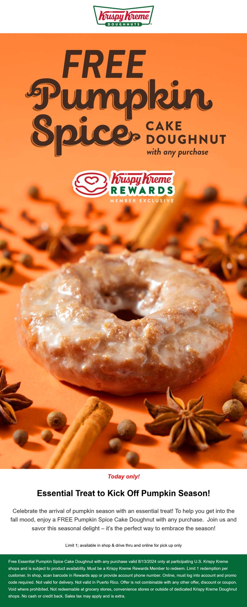 Krispy Kreme restaurants Coupon  Free pumpkin spice doughnut with your order today at Krispy Kreme #krispykreme 