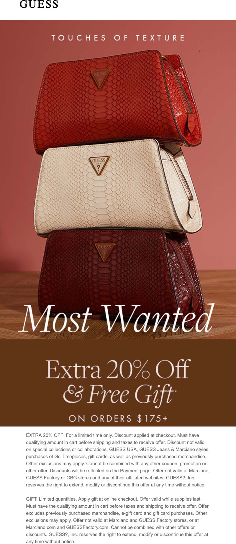 GUESS stores Coupon  Extra 20% off $175 + free gift at GUESS #guess 