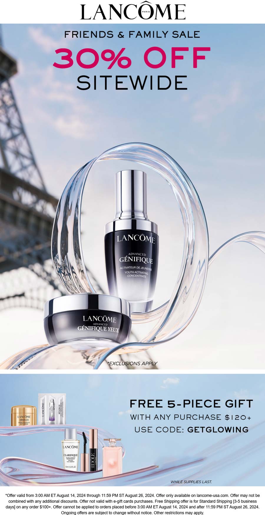 Lancome stores Coupon  30% off everything online + free 5pc on $120 at Lancome via promo code GETGLOWING #lancome 