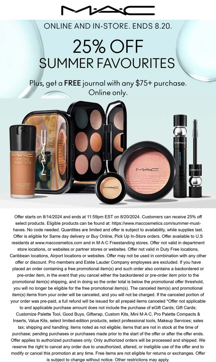 MAC stores Coupon  25% off + free journal on $75 at MAC cosmetics, ditto online #mac 