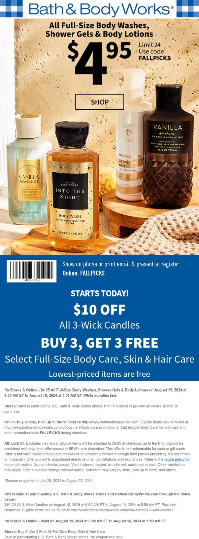 Bath & Body Works stores Coupon  $5 body washes lotions & more at Bath & Body Works, ditto online #bathbodyworks 