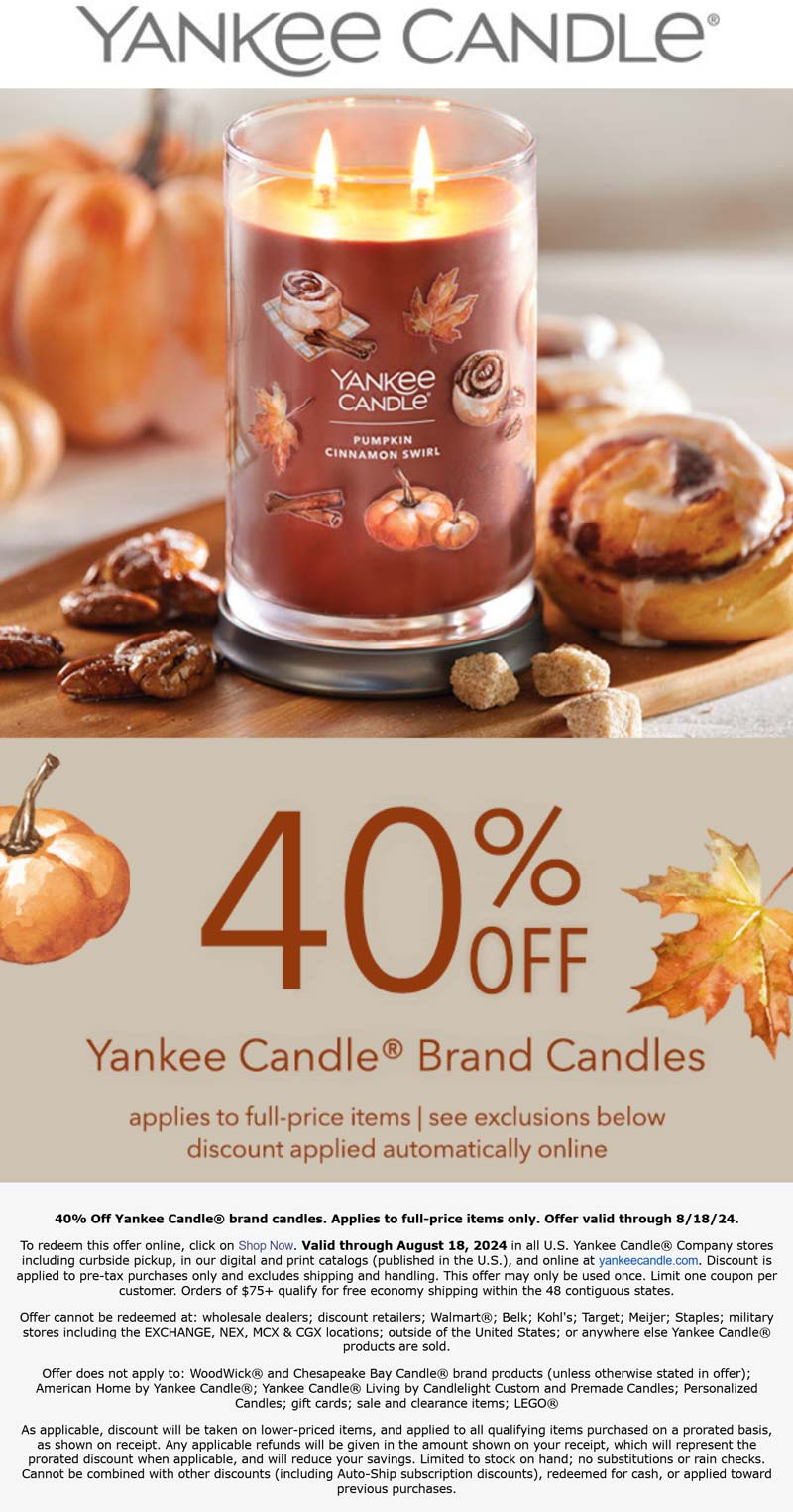 Yankee Candle stores Coupon  40% off candles at Yankee Candle, ditto online #yankeecandle 