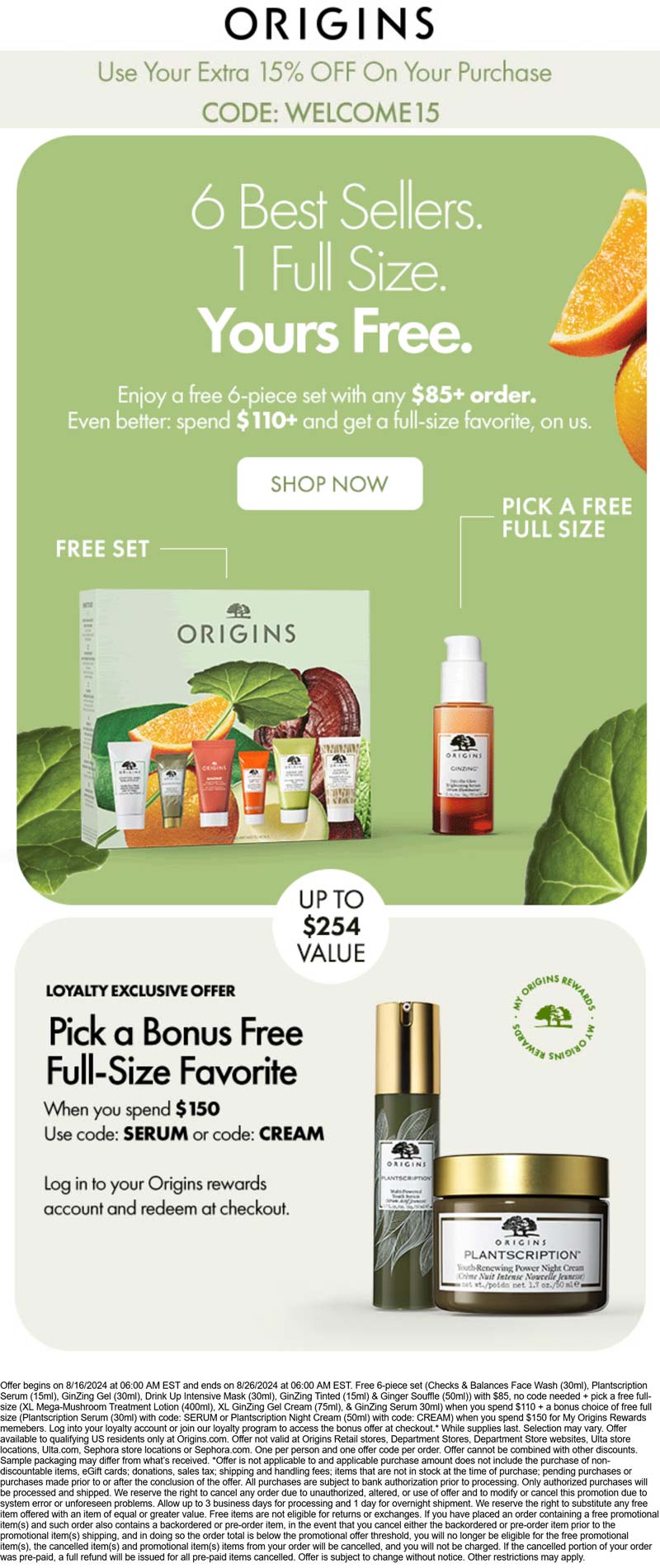 Origins stores Coupon  Free 6pc set on $85+ at Origins #origins 