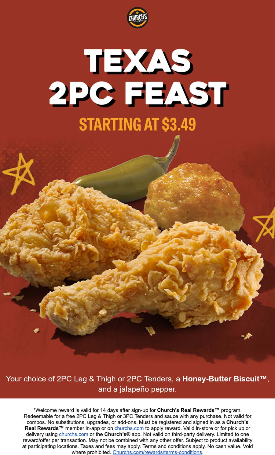 Churchs Chicken restaurants Coupon  2pc chicken + biscuit + jalapeno = $3.50 at Churchs Chicken #churchschicken 