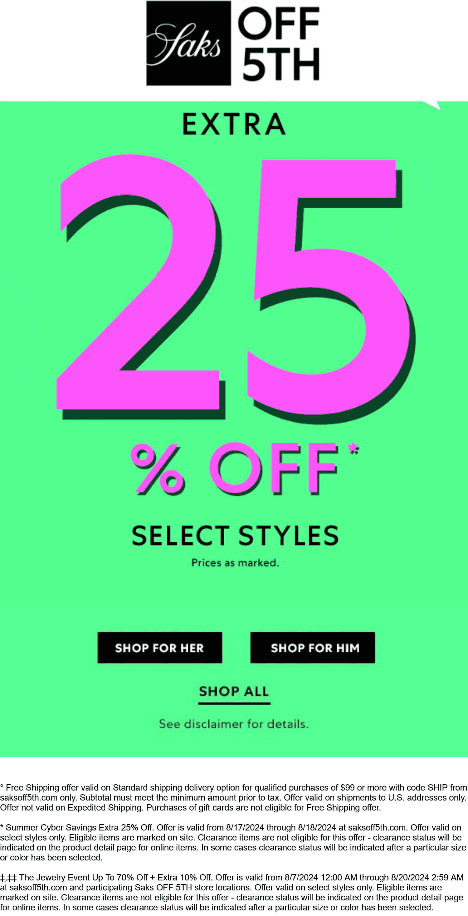 OFF 5TH stores Coupon  Extra 25% off online today at Saks OFF 5TH #off5th 