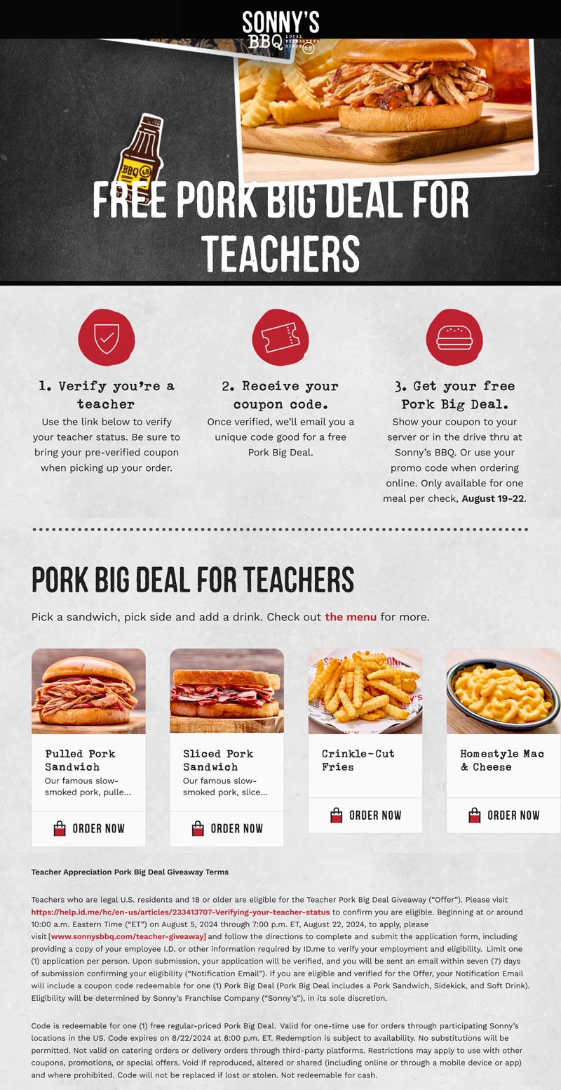 Sonnys BBQ restaurants Coupon  Teachers enjoy a free meal at Sonnys BBQ #sonnysbbq 