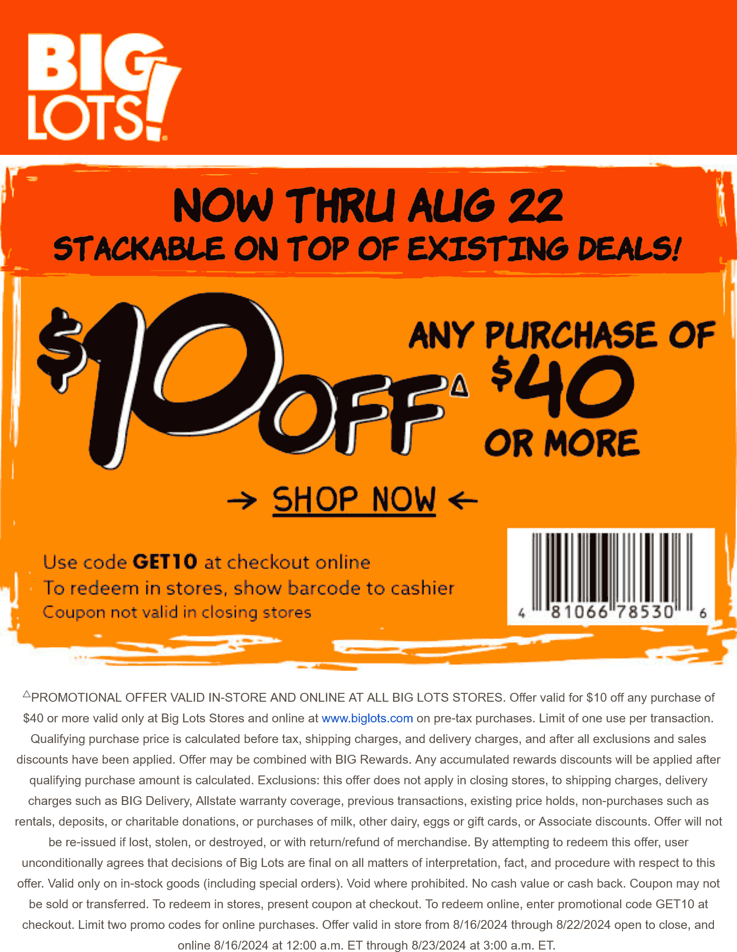 Big Lots stores Coupon  Stores closing + $10 off $40 at Big Lots, or online via promo code GET10 #biglots 