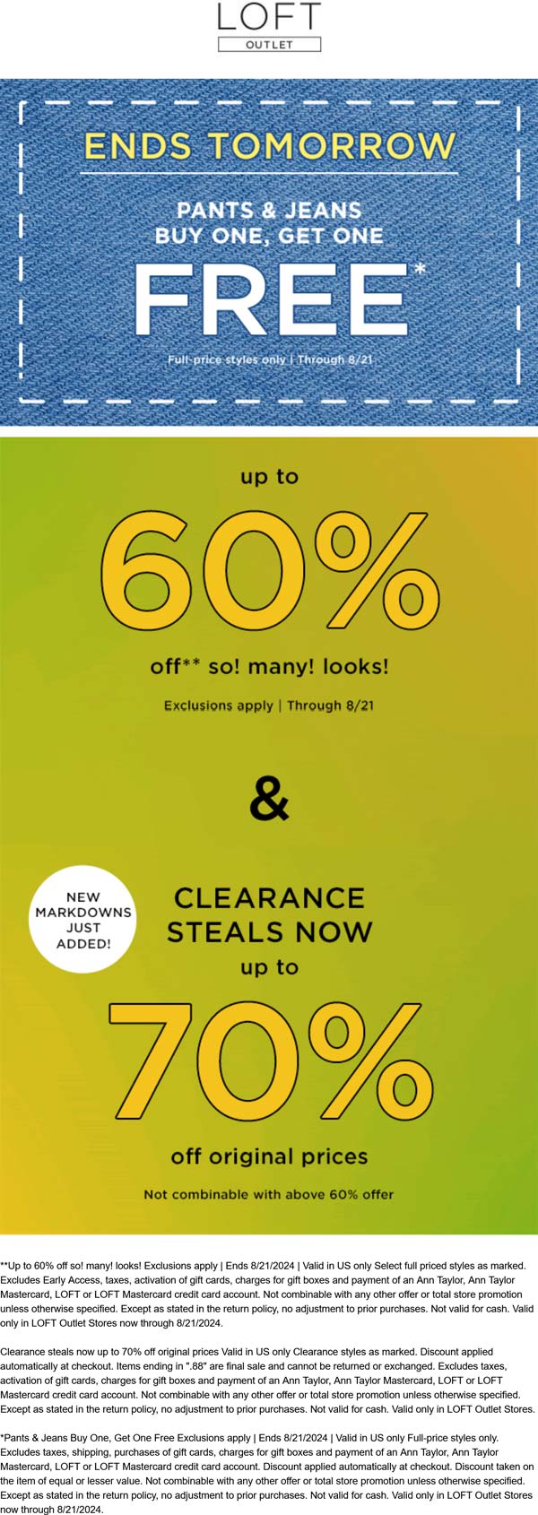 LOFT Outlet stores Coupon  Second pants & jeans free at LOFT Outlet #loftoutlet 