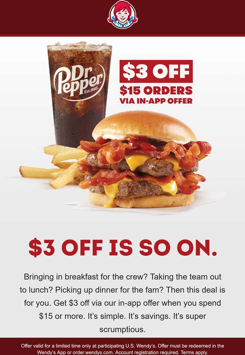 Wendys restaurants Coupon  $3 off $15 via mobile at Wendys restaurants #wendys 