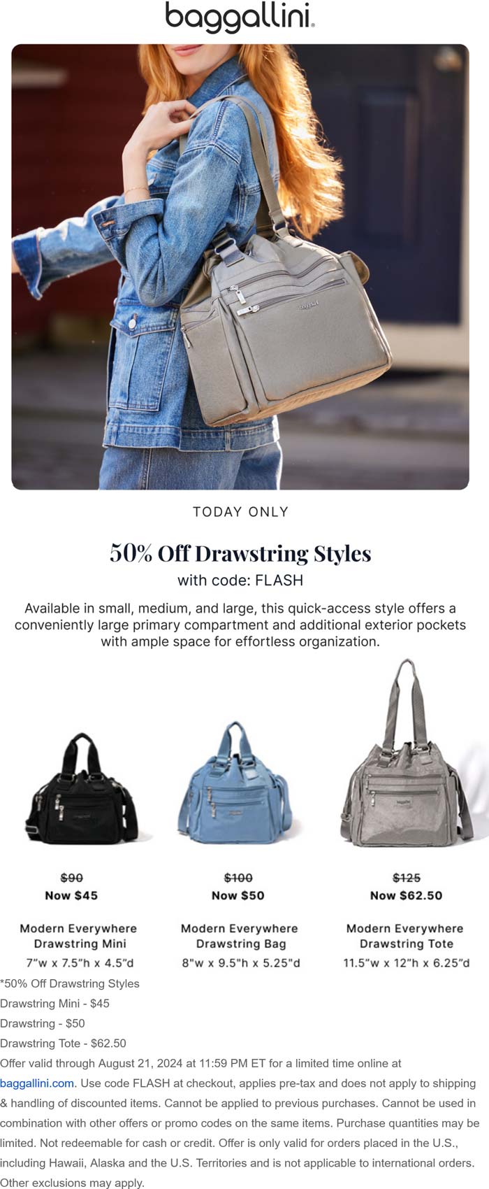 Baggallini stores Coupon  50% off drawstring styles today at Baggallini via promo code FLASH #baggallini 