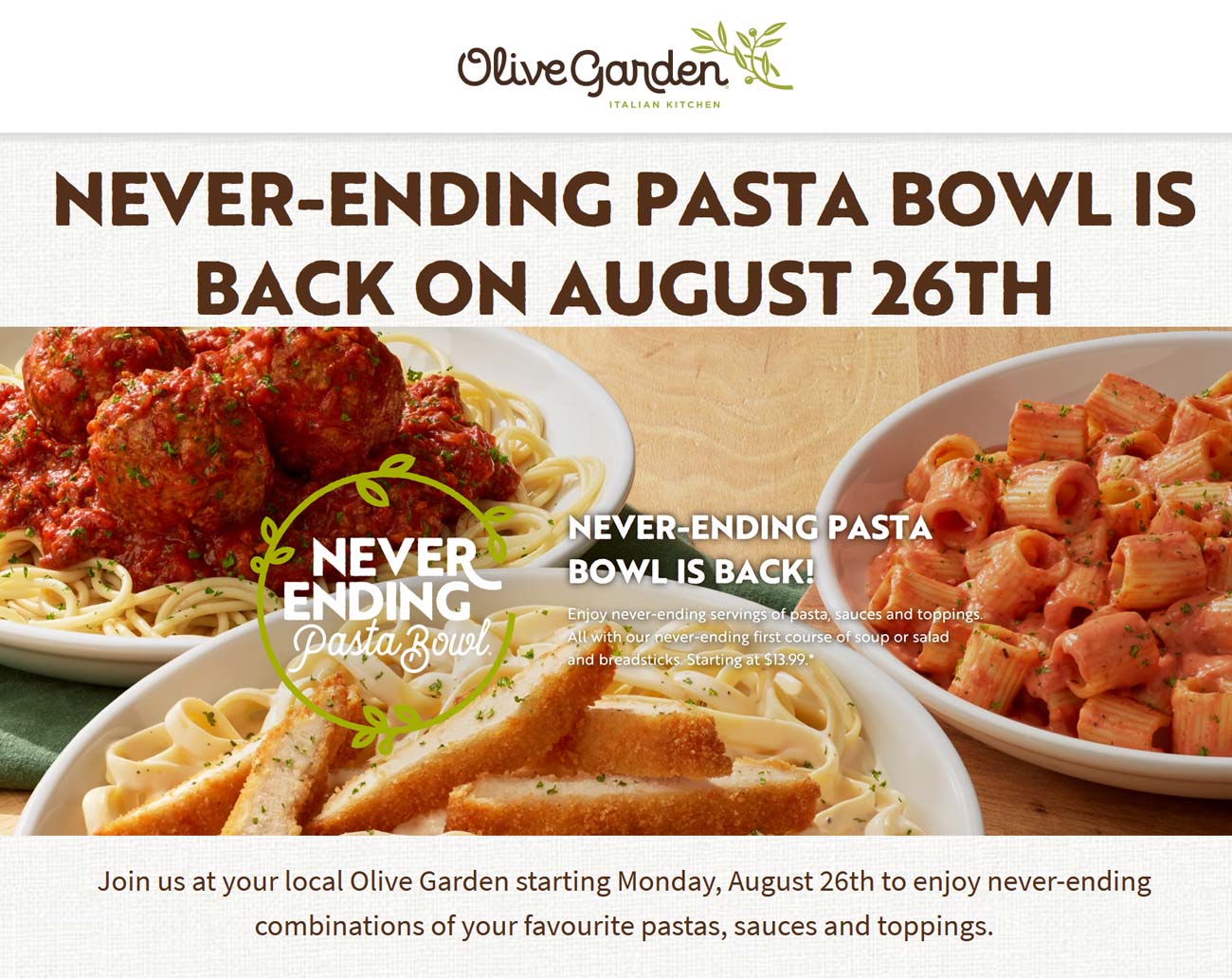 Olive Garden restaurants Coupon  Never ending pasta bowl returns the 26th at Olive Garden restaurants #olivegarden 