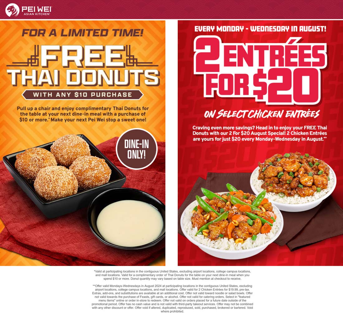 Pei Wei restaurants Coupon  Free thai donuts on $10 & more at Pei Wei restaurants #peiwei 