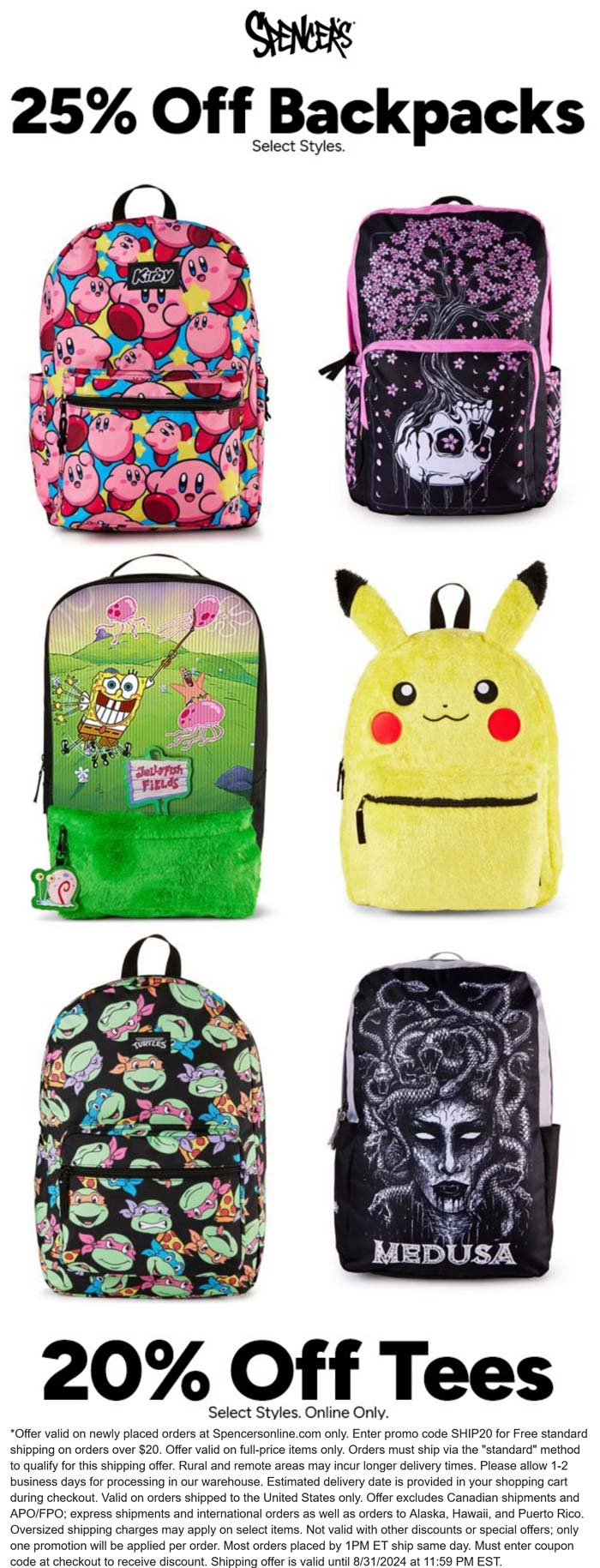 Spencers stores Coupon  25% off backpacks at Spencers with free shipping on $20 via promo code SHIP20 #spencers 