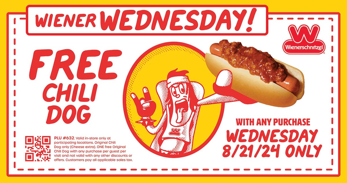 Wienerschnitzel restaurants Coupon  Free chili dog with your order today at Wienerschnitzel restaurants #wienerschnitzel 