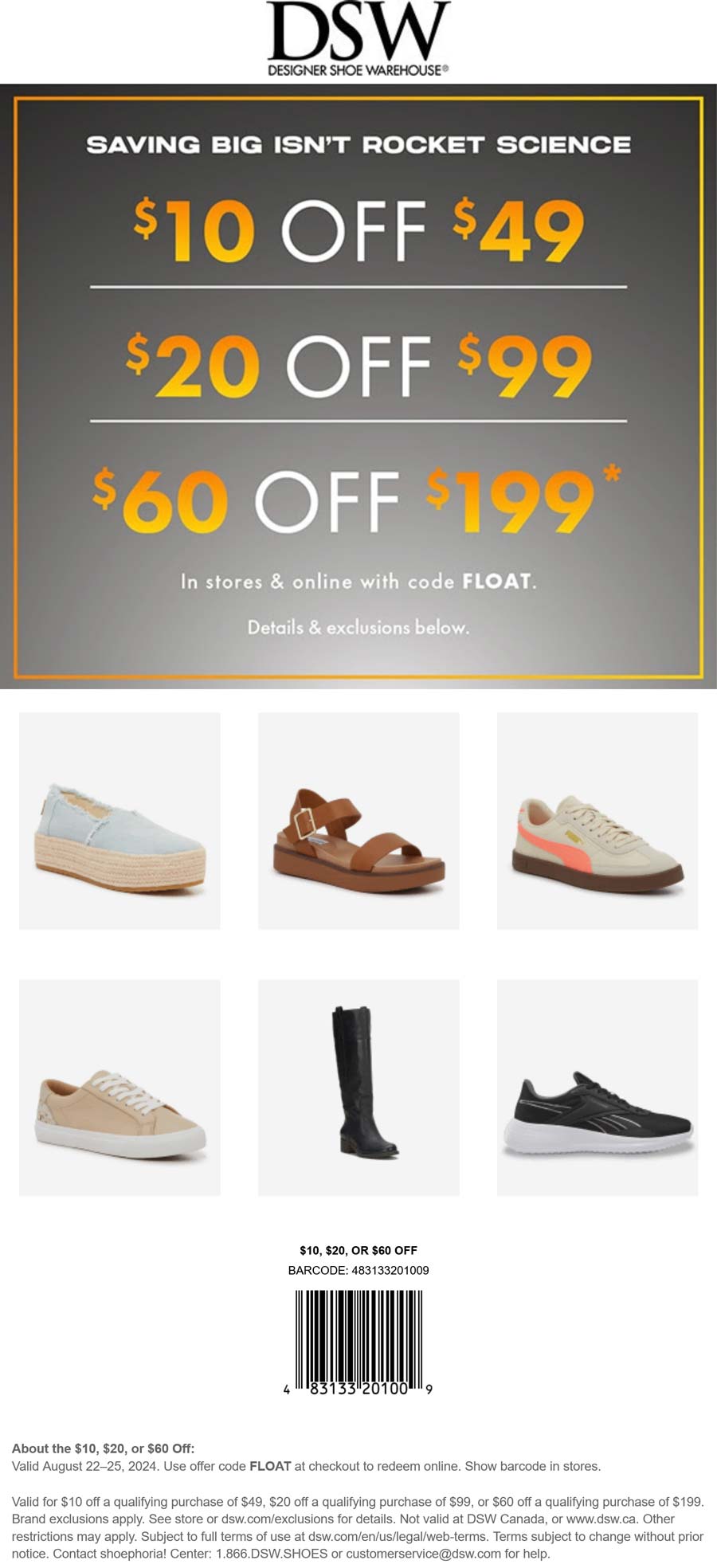 DSW stores Coupon  $10-$60 off $49+ at DSW shoes, or online via promo code FLOAT #dsw 