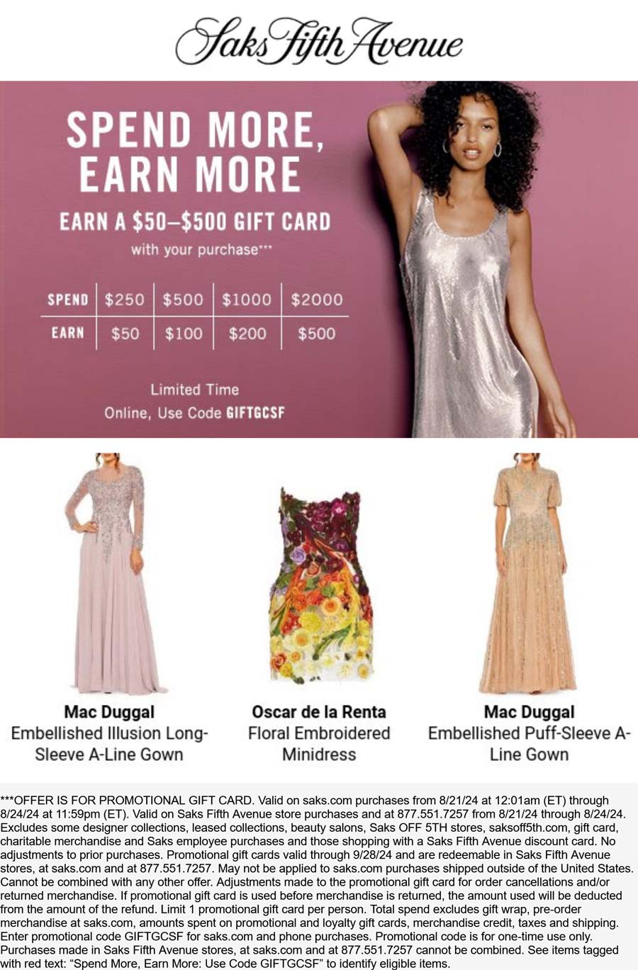 Saks Fifth Avenue stores Coupon  $50-$500 card on $250+ at Saks Fifth Avenue, or online via promo code GIFTBCSF #saksfifthavenue 