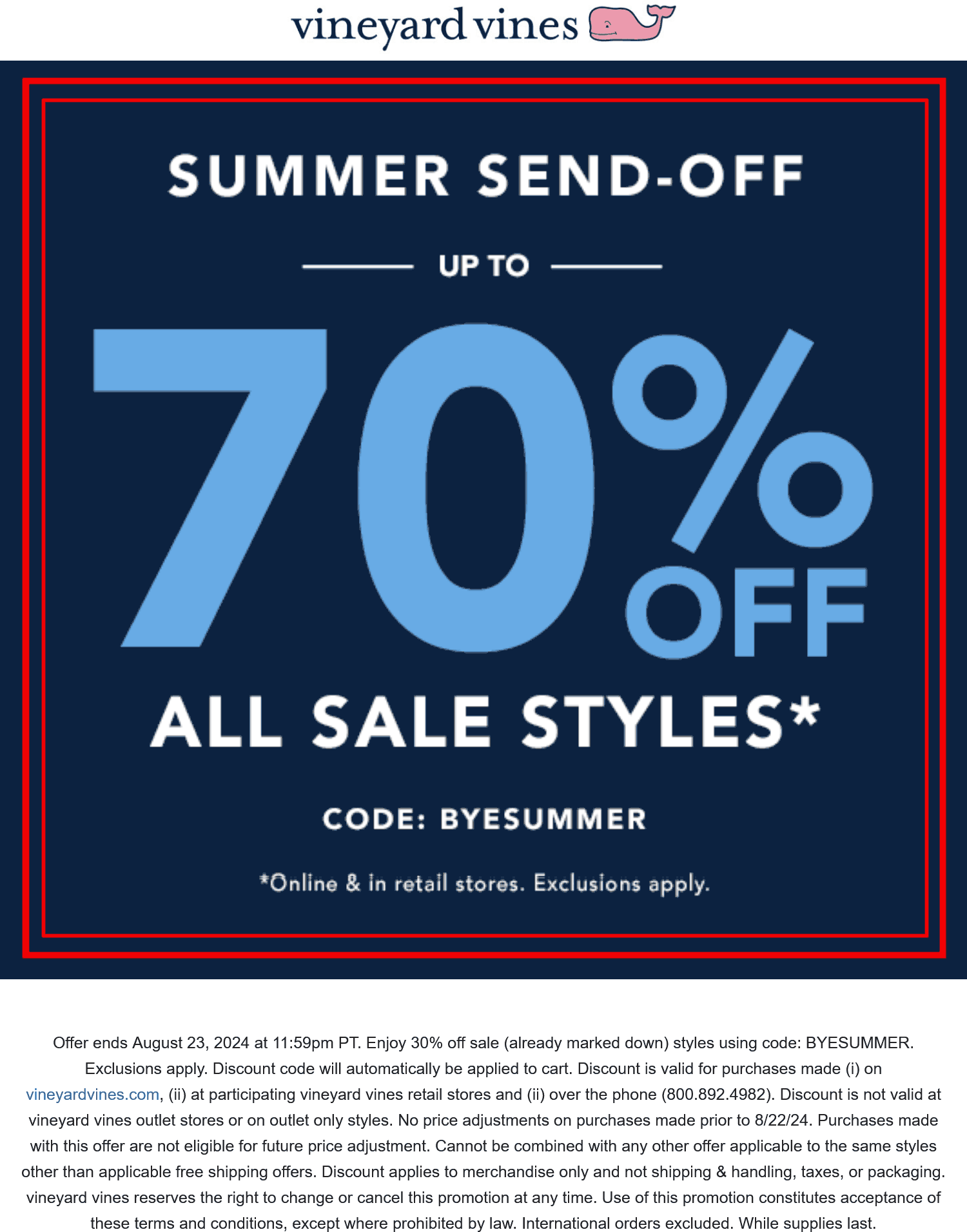 Vineyard Vines stores Coupon  Extra 30% off sale items at Vineyard Vines via promo code BYESUMMER #vineyardvines 