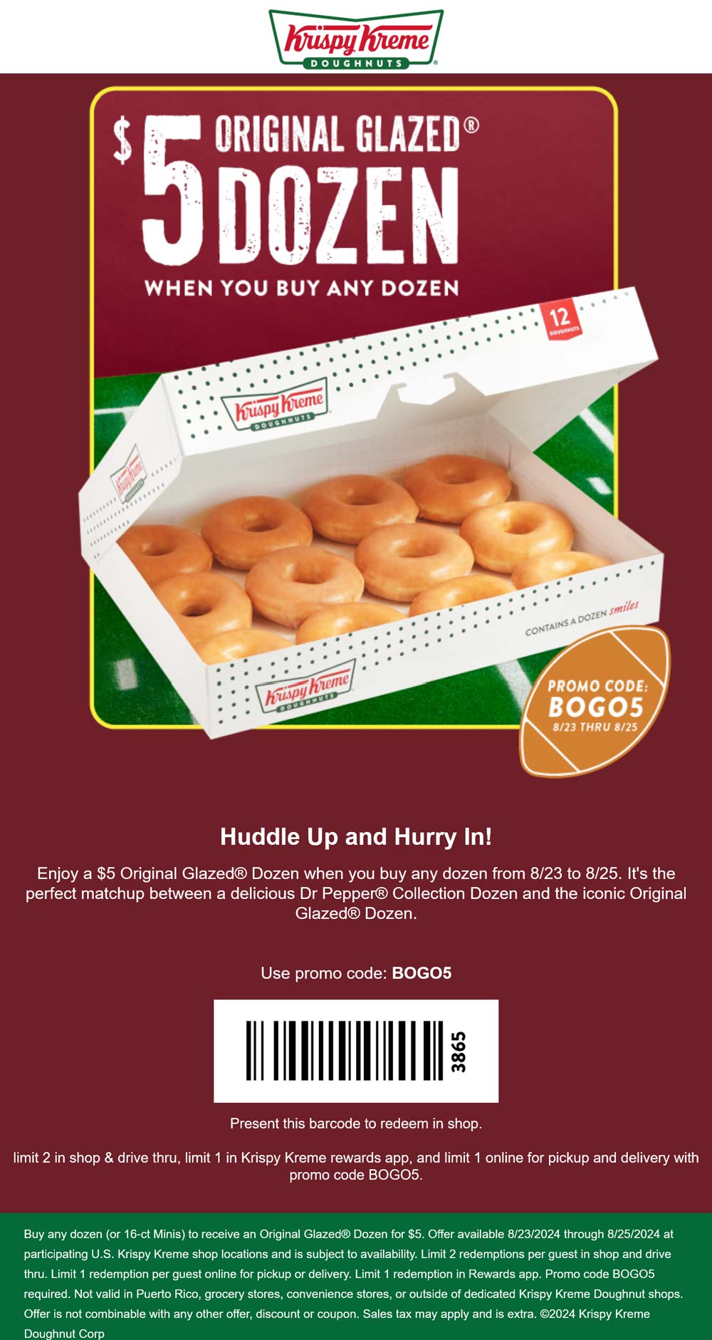 Krispy Kreme restaurants Coupon  Second dozen doughnuts $5 at Krispy Kreme, or online via promo code BOGO5 #krispykreme 