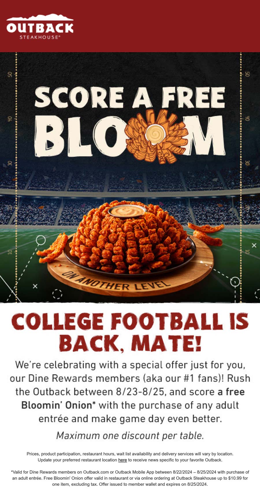 Outback Steakhouse restaurants Coupon  Free bloomin onion with your entree via login at Outback Steakhouse #outbacksteakhouse 